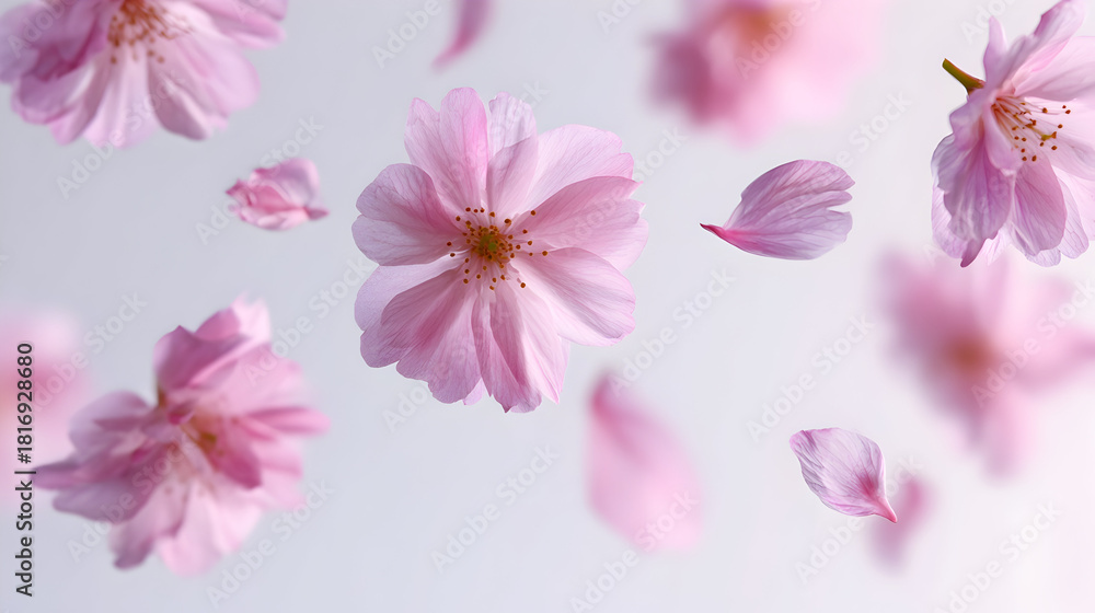 Obraz premium Delicate soft pink cherry blossom flowers with scattered petals for decorative design