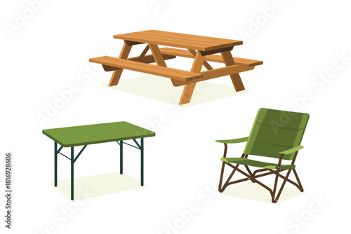 Outdoor wooden picnic table and folding green chair and table set
