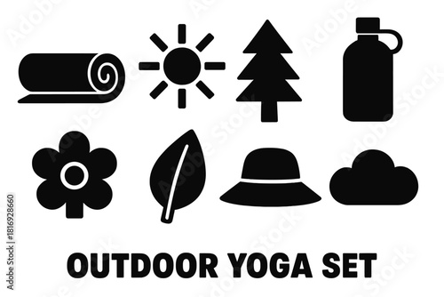 Brutalist Yoga Icons. Outdoor Yoga Set silhouette icon set: mat, sun, tree, water bottle, flower, leaf, hat, cloud