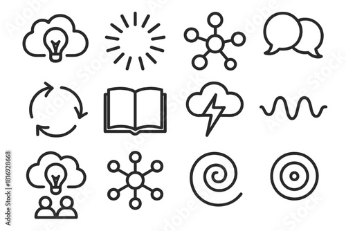 Creative Icon Design. Creative Brainstorming Icons linear icon set: idea cloud, spark burst, branching nodes, concept bubbles, swirling arrows, open sketch page, thought lightning