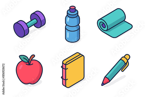 Healthy Lifestyle Essentials. Lifestyle Change flat icon set: Dumbbell, Water Bottle, Yoga Mat, Apple, Notebook, Pen
