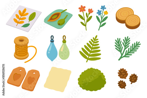 Isometric Botanical Icons. Botanical Decorations flat icons set. pressed leaves, seed pods, flower sprigs, wooden disks, twine string, glass ornaments, fern, small pine branches