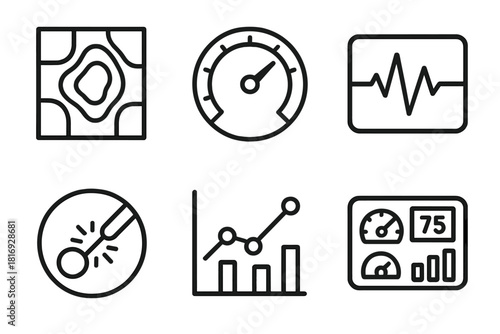 Sports Analytics Icons. Sports Analytics Set linear icon set: heat map tile, speed gauge, heart-rate line, impact sensor, comparison chart, metric dashboard