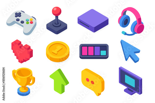 Isometric Gaming Icons. Video games flat icons set. controller, joystick, console, headset, pixel heart, coin icon, loading bar, cursor, trophy, level up arrow, chat bubble, screen
