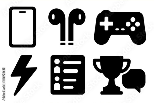Bold Gaming Icons. Mobile Gaming Collection silhouette icon set. smartphone, earbuds, gamepad, battery icon, lightning bolt, leaderboard, trophy, chat bubble.