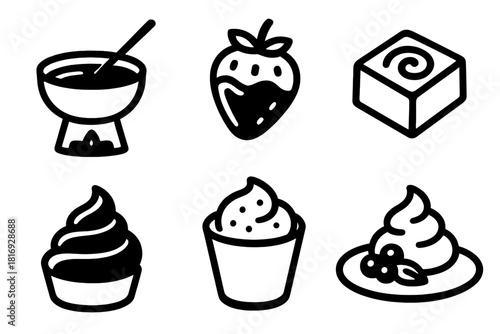 Gourmet Dessert Icons. Gourmet Treats linear icon set: chocolate fondue, dipped strawberry, praline, ganache swirl, mousse cup, dessert plate
