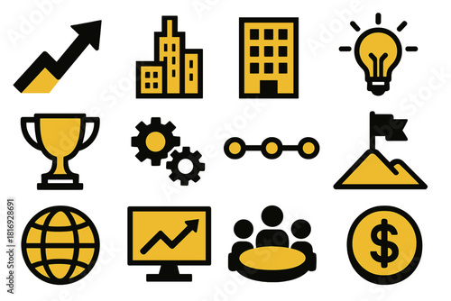 Business Growth Icons. Business growth silhouette icon set: rising arrow, city skyline, office building, innovation icon, trophy, gears, timeline, success flag, globe, analytics