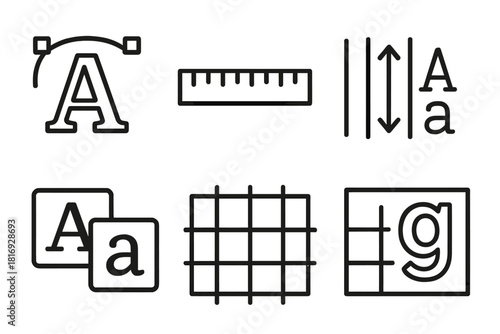 Font Design Icons. Font Design Tools linear icon set: letterform outline, baseline ruler, spacing arrows, typeface sample, font pair, alignment grid, uppercase A, lowercase g