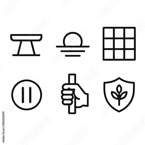 Stability Icons Grid. Personal Stability Systems linear icon set: stable platform, calm horizon, structured grid, mindful pause symbol, steady grip, resilience shield