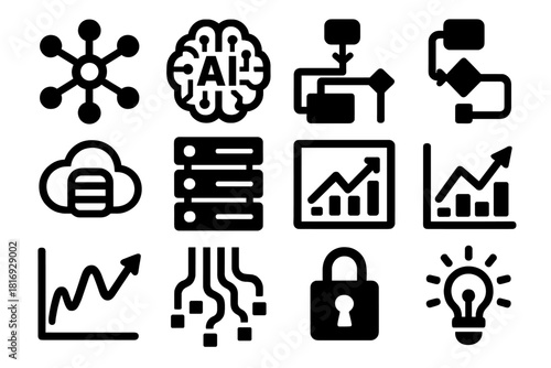 AI Hybrid Icons Collection. AI-Driven Hybrid Cloud silhouette icon set. neural network, AI brain, algorithm path, cloud data, server icon, analytics chart, predictive graph, data