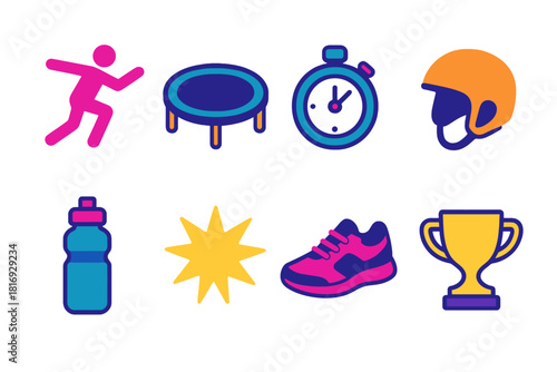 Extreme Jump Icons. Extreme Jump Arena flat icons set. athlete silhouette, trampoline, timer, helmet, water bottle, light flash, shoes, trophy