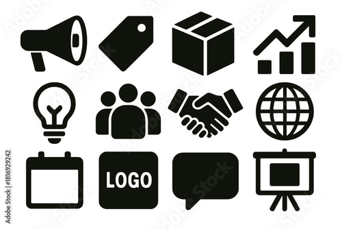Bold Brand Icon Set. Brand Storytelling silhouette icon set: megaphone, tag label, product box, rising chart, light bulb, people group, handshake, globe, calendar, logo placeholder