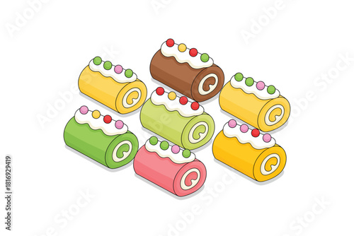 Assortment of colorful swiss roll cakes with cream and fruit toppings