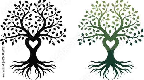 Decorative tree of life with heart trunk design symbolizing love, nature, growth, roots, connection, and spiritual harmony