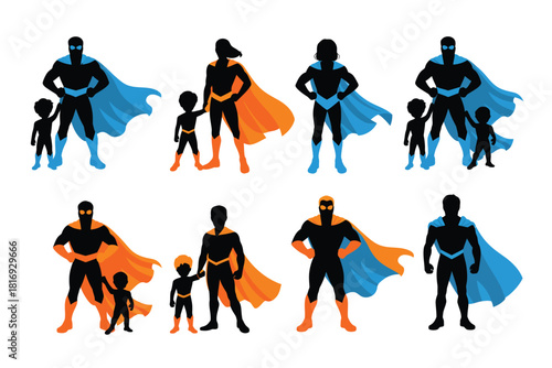 Silhouette superhero family poses with capes and masks