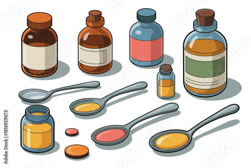 Collection of antique medicine bottles and spoons with liquid and pills