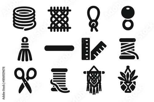 Handcrafted Knot Icons. Handcrafted Knots silhouette icon set. macramé cord, knot pattern, loop, bead, tassel, dowel, ruler, thread, scissors, spool, hanging decor, plant