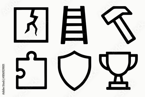 Brutalist Icon Set. Overcoming Obstacles silhouette icon set. wall crack, ladder, hammer, puzzle piece, shield, trophy