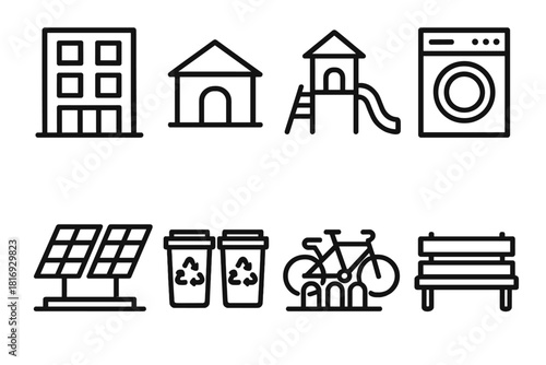 Affordable Housing Icons. Affordable Housing linear icon set. apartment block, community center, playground, shared laundry, solar panels, recycling bins, bike rack, bench