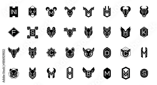 Monochrome assortment of animal mascots and initial logos for brands and organizations