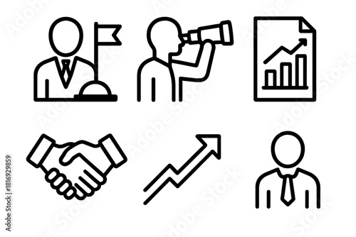 Visionary Leadership Icons. Leadership shared vision linear icon set. leader figure, flag, telescope, document chart, handshake, upward arrow.