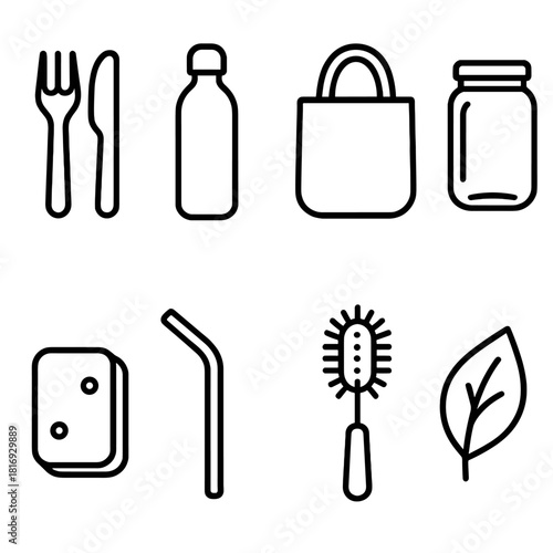 Eco-friendly Essentials Icons. Eco Alternatives linear icon set. bamboo cutlery, reusable bottle, fabric bag, glass jar, bar soap, straw, brush, leaf