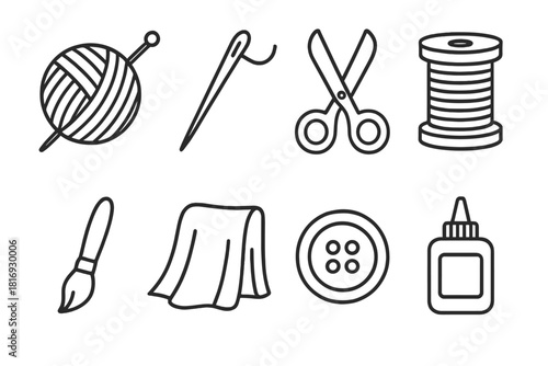 Craft Tools Icons. Handicrafts linear icon set. yarn ball, needle, scissors, thread spool, paint brush, fabric, button, glue