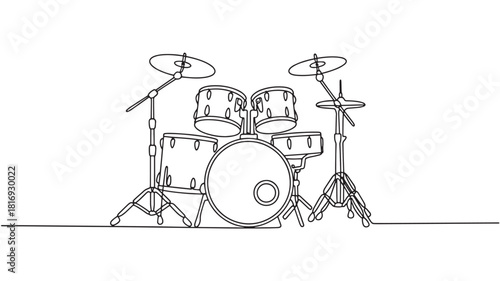 Continuous line drawing of drum kit, simple vector illustration musical instrument concept drawing line, graphic design minimal style, one line art, doodle minimalism