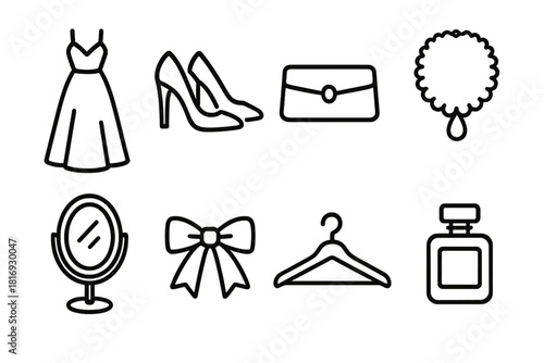 Elegant Fashion Icons. Fashion Boutique Set linear icon set. gown, heels, clutch, necklace, mirror, ribbon, hanger, perfume.