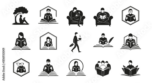 Collection of vector illustrations of people reading in various comfortable environments