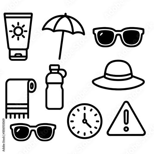 Sun Protection Essentials. Sun protection concept linear icon set: sunscreen tube, umbrella, sunglasses, hat, beach towel, water bottle, clock, warning sign