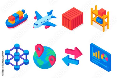 Global Trade Icons. Global Supply Network flat icon set: cargo ship, airplane, storage container, warehouse rack, blockchain nodes, world map, trade arrows, digital dashboard
