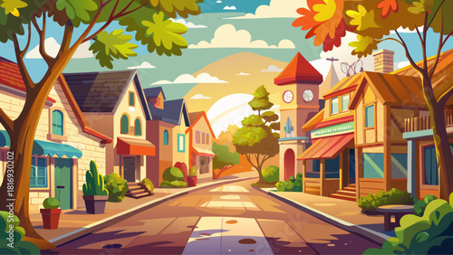 Very beautiful sunny street scene in a small town, lined with charming buildings, leafy trees, and warm natural light, creating a peaceful and inviting atmosphere full of rustic and cozy charm.