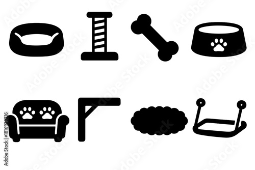 Cozy Pet Icons. Cozy Pet Homes silhouette icon set: pet bed, scratching post, chew toy, feeding bowl, sofa with paw prints, wall shelf perch, cozy rug, window hammock