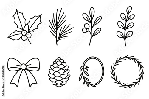 Botanical Holiday Icons. Botanical Holiday Decor linear icon set. holly leaves, red berries, pine branches, mistletoe, eucalyptus sprigs, pinecones, ribbon bow, wreath circle