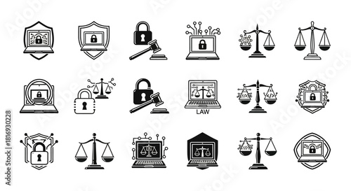 Collection of vector icons representing digital security legal concept for websites