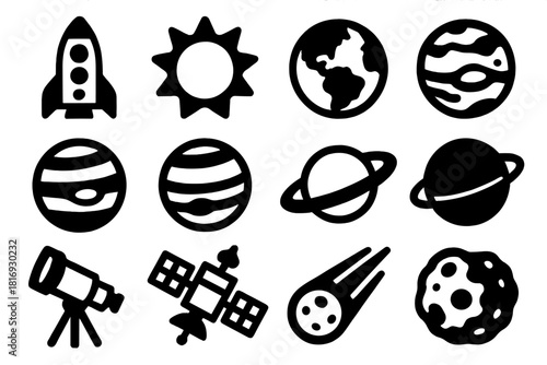 Solar System Icons. Exploring Solar System silhouette icon set. rocket, sun, earth, mars, jupiter, saturn, uranus, neptune, telescope, satellite, comet, asteroid.