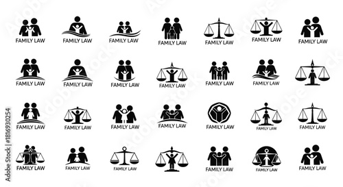 Collection of family law themed icons and logos representing legal services relating family