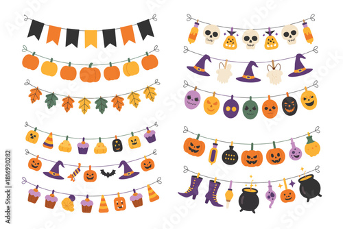 Halloween party decorations featuring bunting and string lights