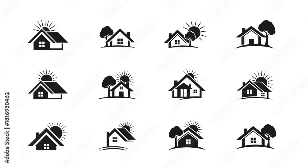 Fototapeta premium Elegant collection of residential building icons with sun and tree elements minimal design