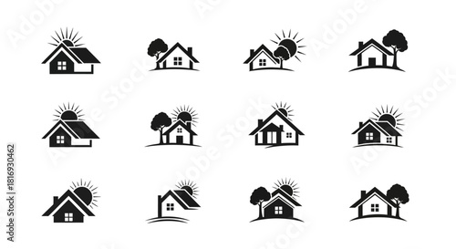 Elegant collection of residential building icons with sun and tree elements minimal design