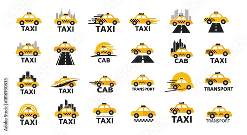 Diverse yellow cab and taxi logo concepts for transportation businesses and branding