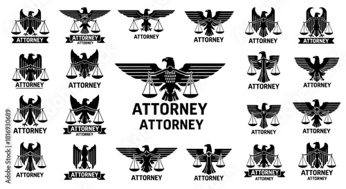 Collection of black and white attorney logos with eagle and scales design variations