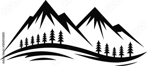 Mountain landscape silhouette artwork featuring peaks, pine trees, rolling hills, outdoor nature scenery, wilderness adventure design for projects