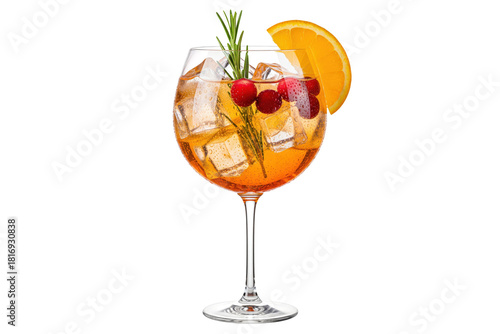 festive aperol spritz cocktail with cranberry and rosemary isolated