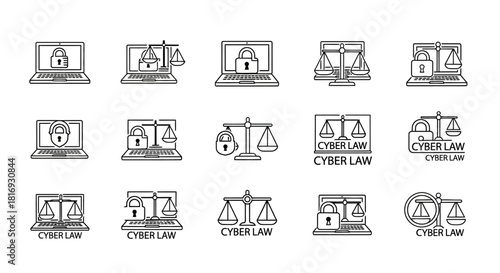 Illustrations representing cyber law concepts with scales and computer security icons