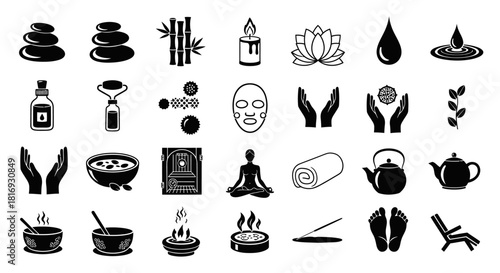 Monochrome vector icons of spa and wellness elements representing relaxation therapy and serenity