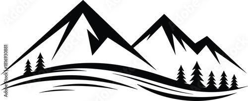 Mountain landscape silhouette illustration featuring peaks, pine trees, outdoor scenery, nature design, wilderness adventure artwork for projects
