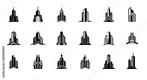 Elegant minimalist cityscapes: a collection of abstract building logos and real estate icons