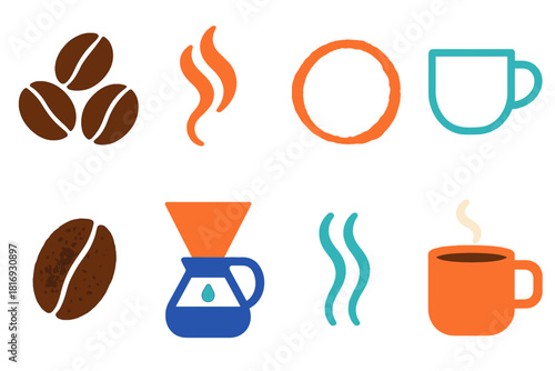Minimalist Coffee Icons. Coffee themes flat icon set: bean cluster, aromatic steam, coffee ring stain, minimalist cup outline, roasted texture, pour-over drip, aroma wave, cozy mug